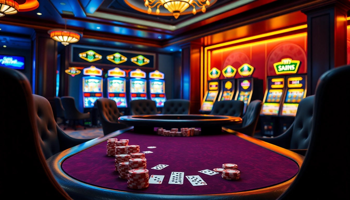 Exciting casino scene capturing the essence of online gambling at https://xx88.nl/, featuring poker tables and colorful slot machines.
