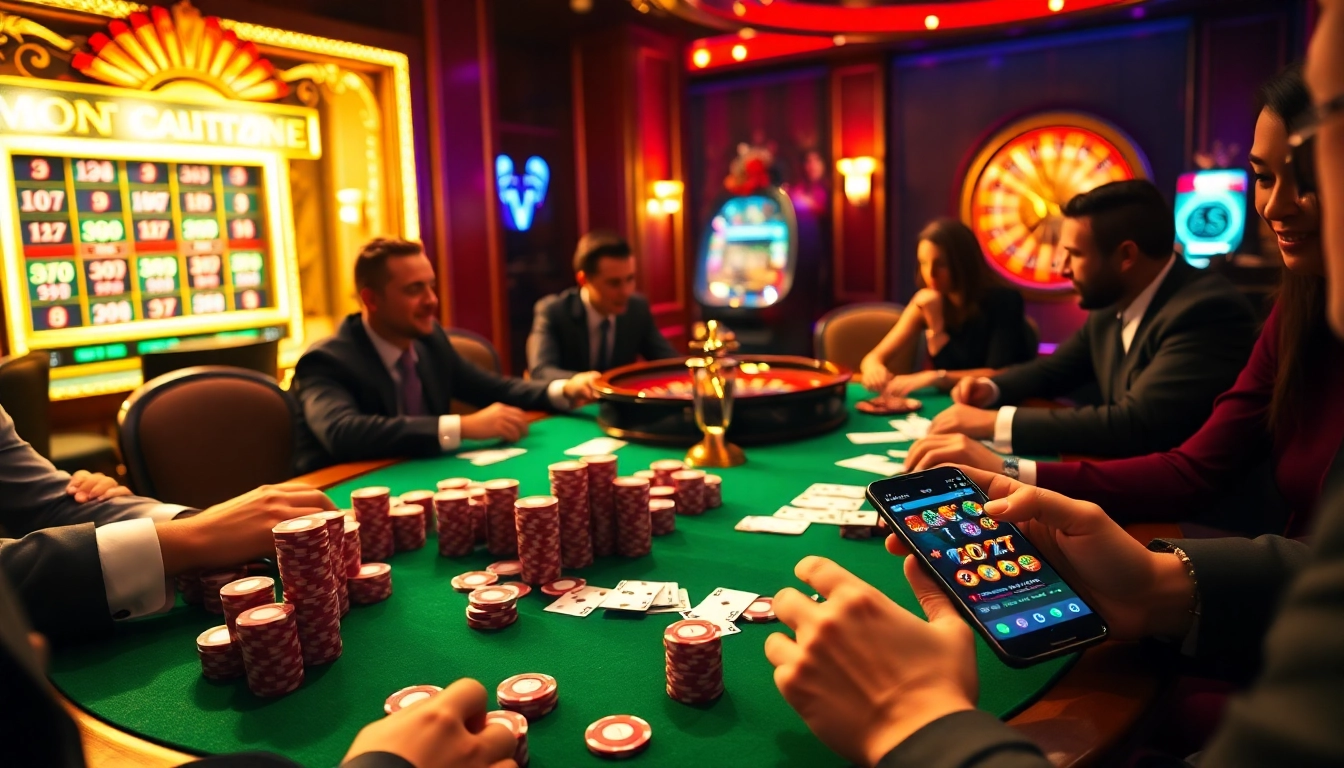Players strategizing bets on an s8-themed poker table amidst a vibrant casino ambiance.