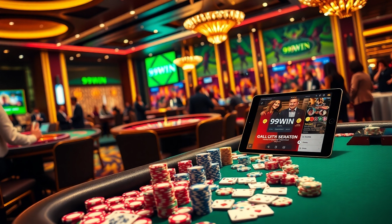 Gamblers enjoying a vibrant casino atmosphere at 99WIN with poker chips and modern gaming interfaces.