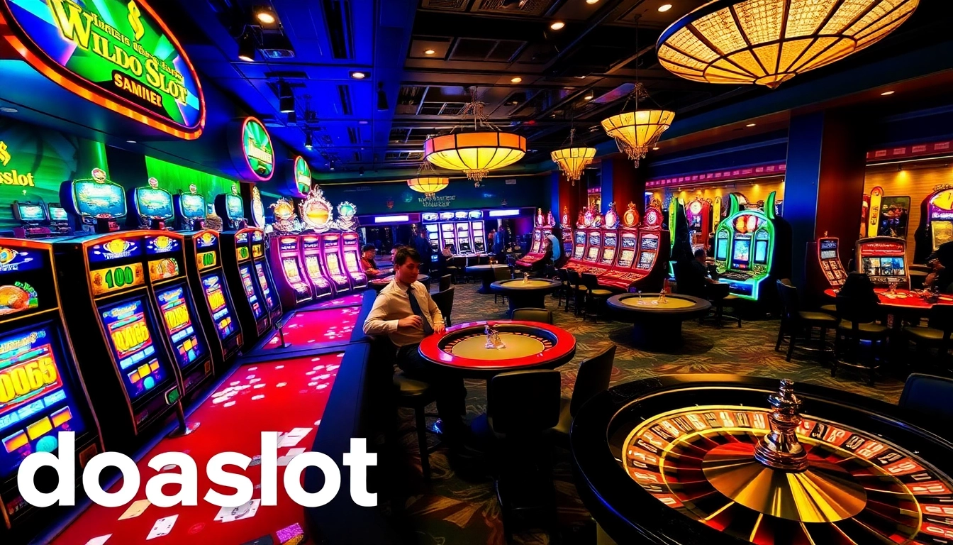 Engage with doaslot's exciting gaming environment featuring vibrant slot machines and players enjoying poker.