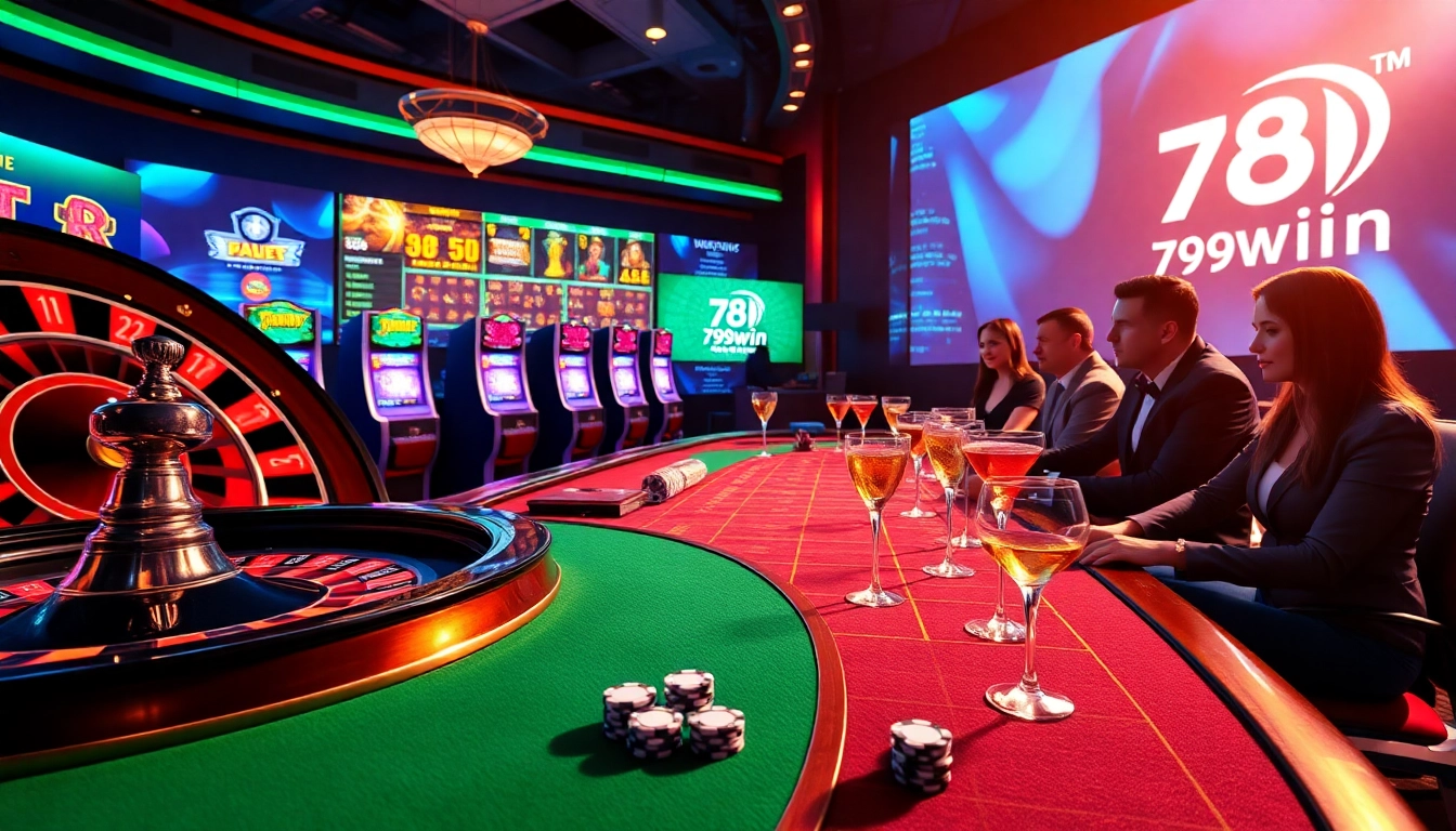 Experience high-stakes excitement at 789win's luxurious casino setting with vibrant gaming tables and slot machines.