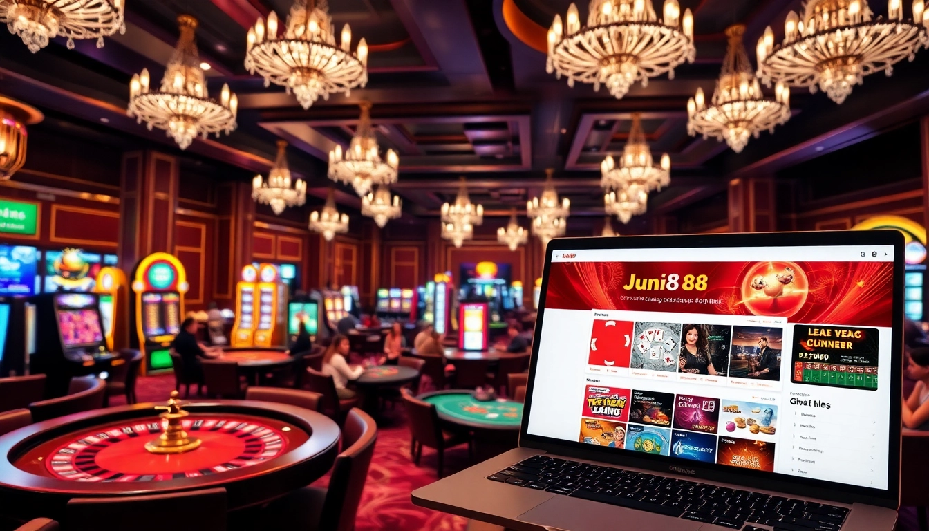 Experience the excitement of Jun88 đăng nhập with vibrant casino visuals featuring roulette wheels and poker tables.