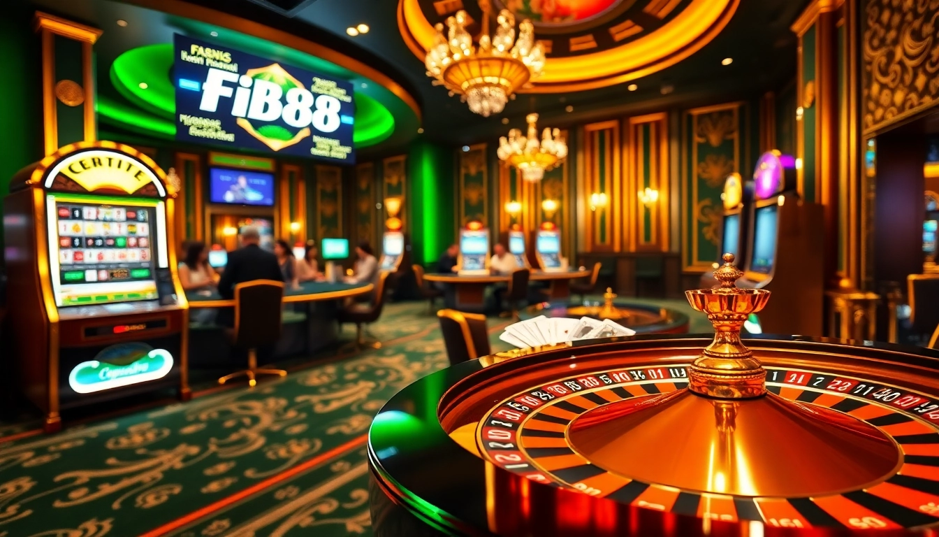 Experience the thrilling vibe of fb88 with vibrant casino action, showcasing poker chips and roulette.