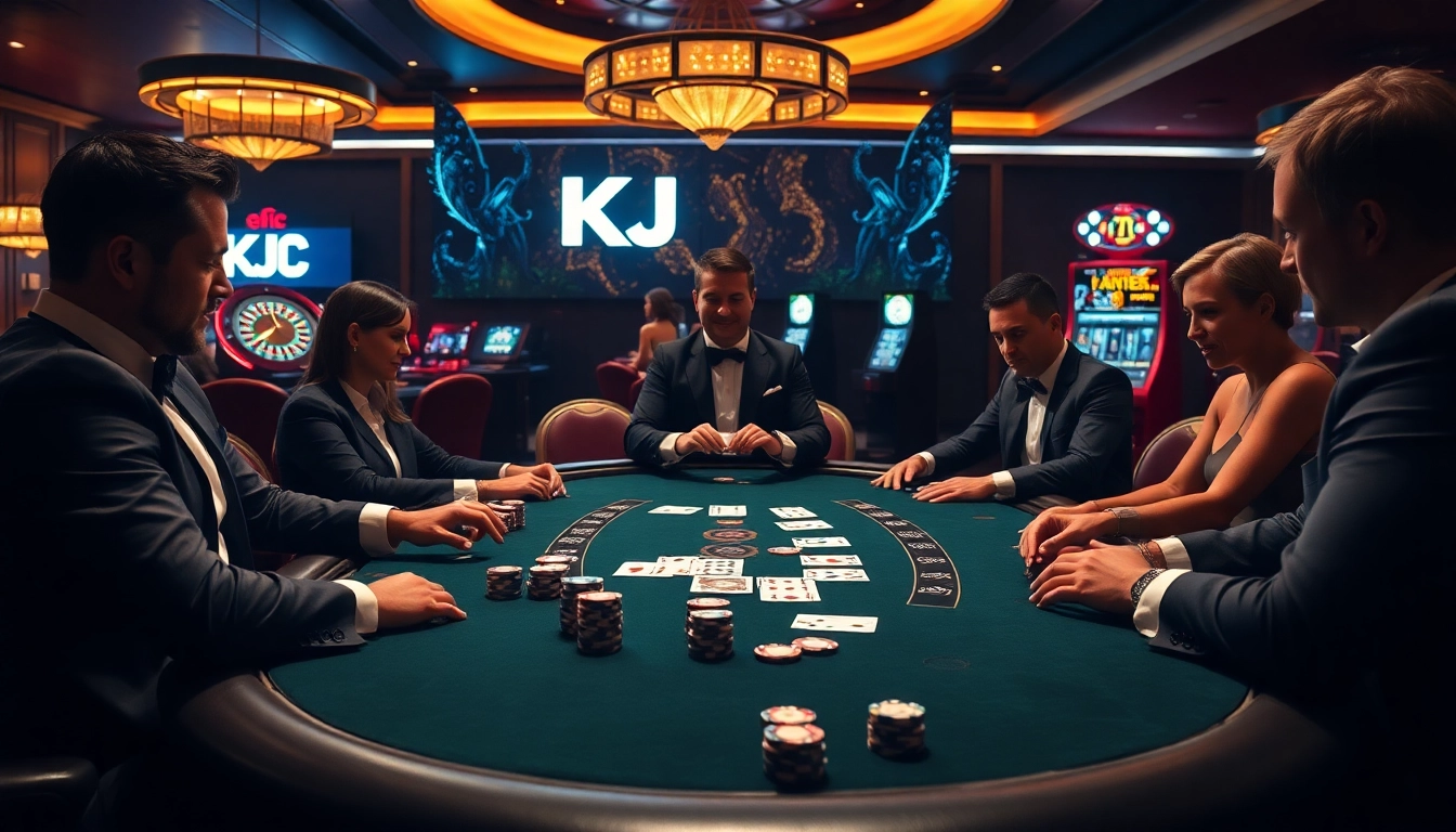 KJC poker table with players enjoying a high-stakes game in a luxurious casino setting.