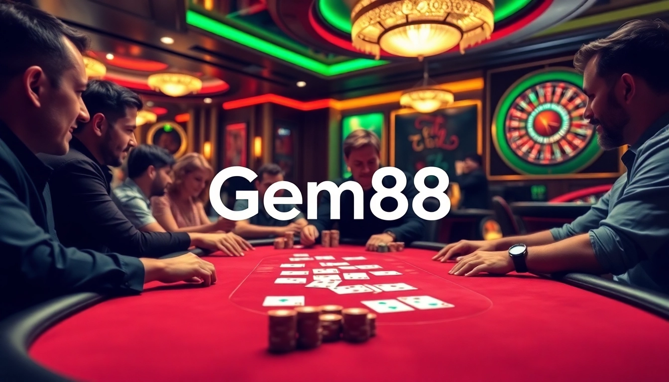 Experience the thrill of Gem88 with players engaged at a high-stakes poker table surrounded by casino elements.