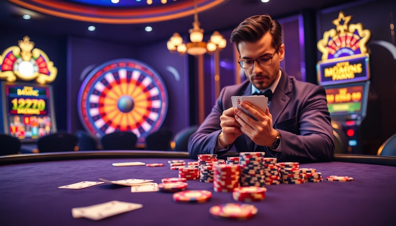 Experience the thrill of vipwin nhận thưởng at an elegant poker table in a luxurious casino.