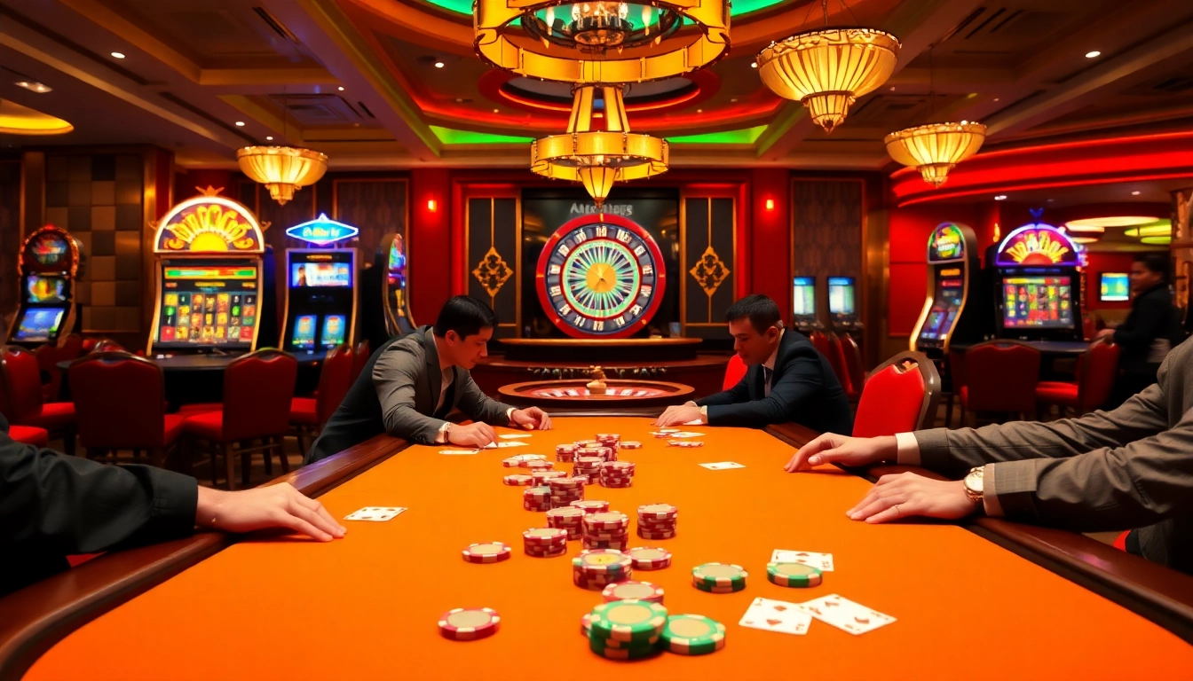 Experience the thrill of gambling at tv88 with an exciting casino scene featuring poker and roulette tables.
