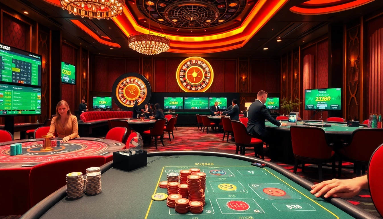 SV388 live betting experience at a luxurious casino, with players and vibrant game tables.