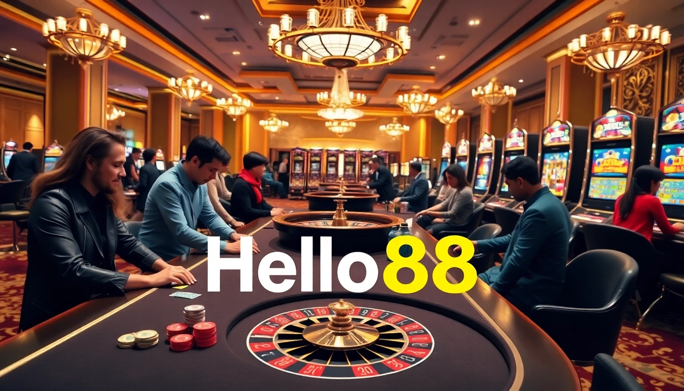 Exciting gambling scene with poker table and roulette wheel at Hello88 casino.