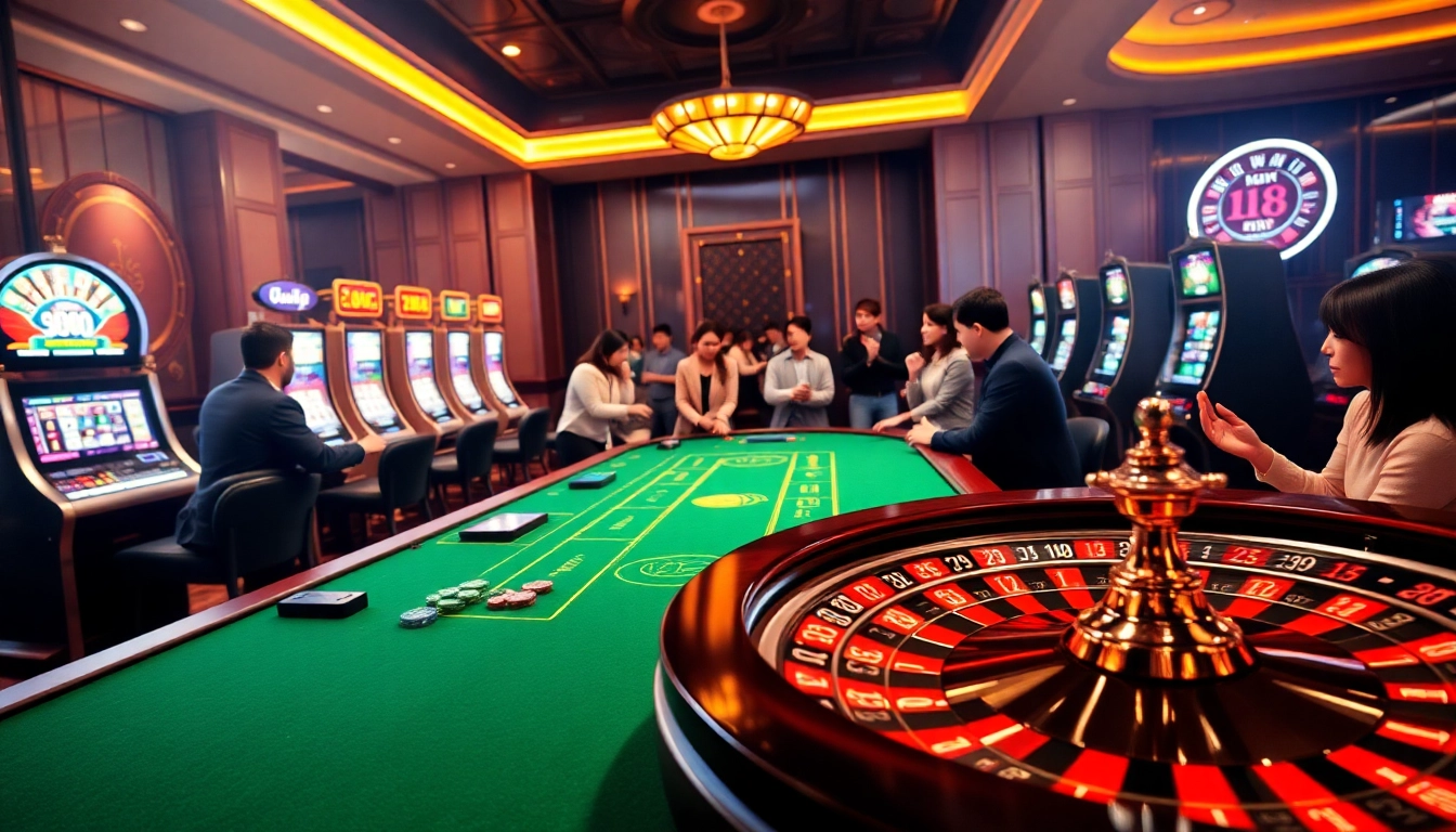 Excited gamblers enjoying games at u888 com online casino with vibrant slot machines and poker tables.