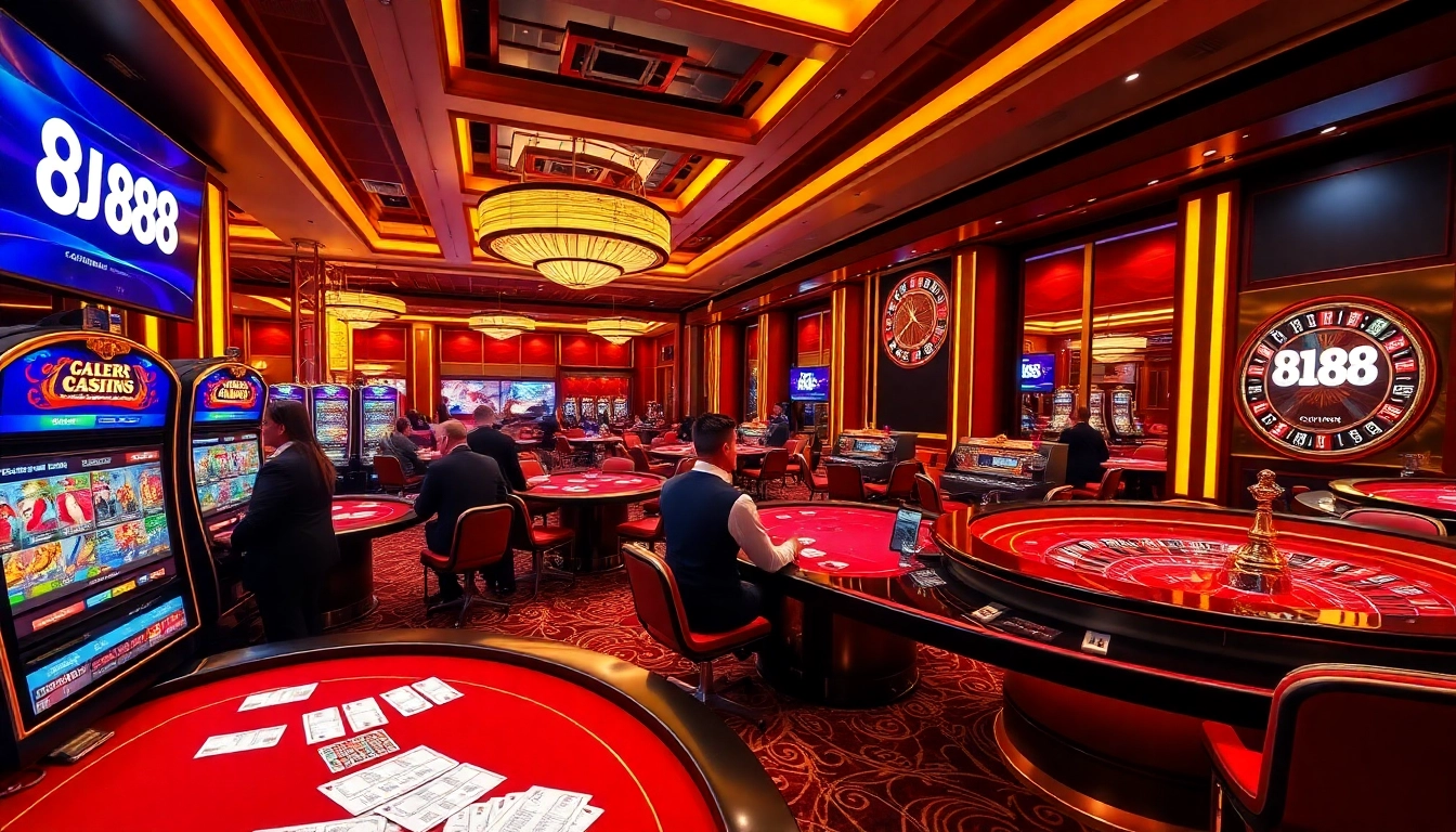 Gamblers experiencing excitement at BJ 888 casino tables with vibrant games and betting slips.