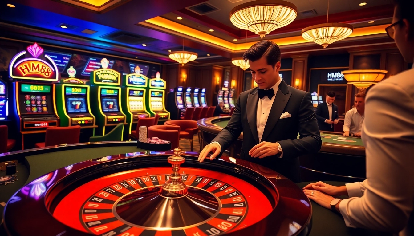 Experience the excitement of gambling at HM88 with a vibrant casino scene featuring roulette and poker tables.