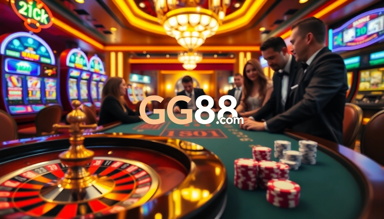 Experience thrilling action at GG88.com, featuring players at a luxurious casino table.