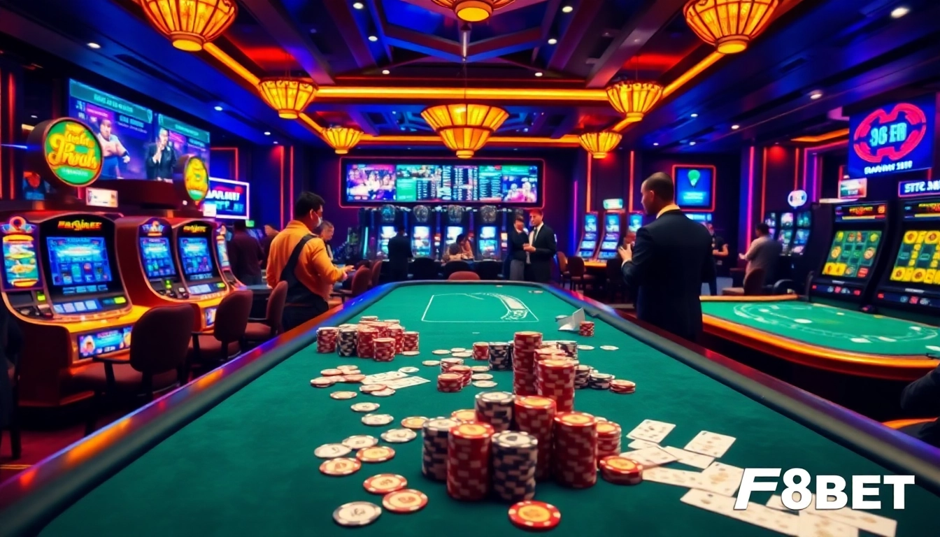 Join the excitement at Nhà cái F8BET, featuring vibrant casino tables and thrilling slot machines.