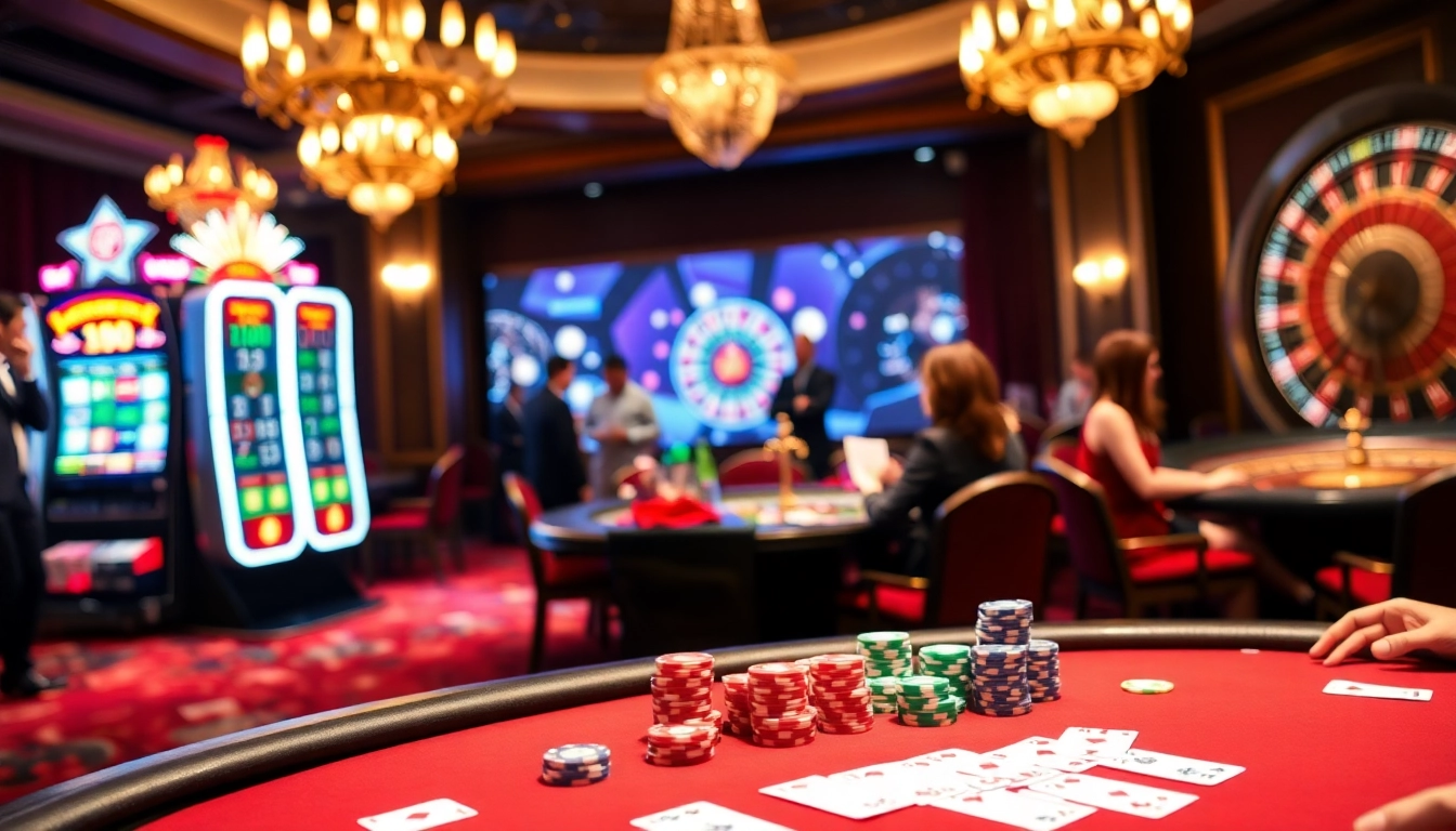 Experience the excitement of casino gaming at https://8xx.today/ with a vibrant poker table and spinning roulette wheel.