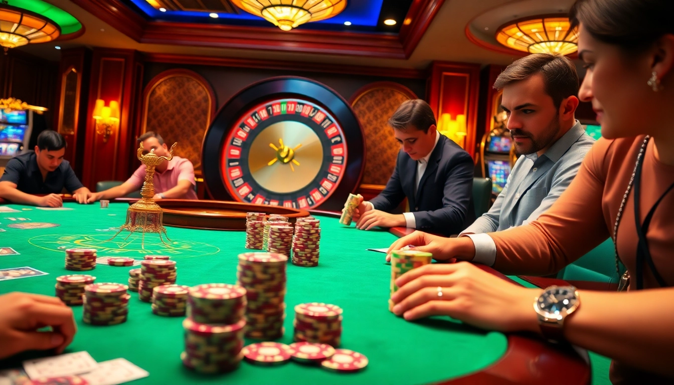 MM88 gamblers enjoying a vibrant casino experience at tables with glowing poker chips.