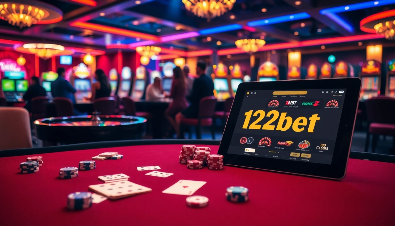 Gamblers enjoying an immersive experience at 12bet's elegant casino table with vibrant lights and exciting games.