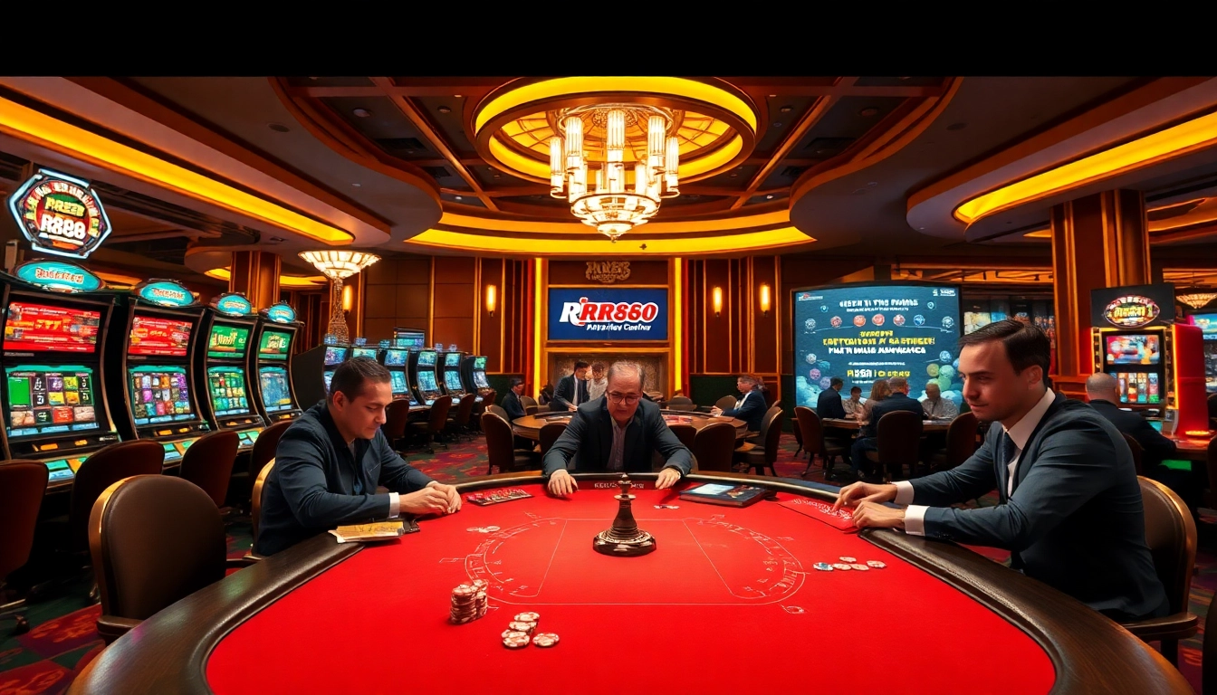 Players experience high stakes at a poker table in a luxurious casino infused with RR888 excitement.