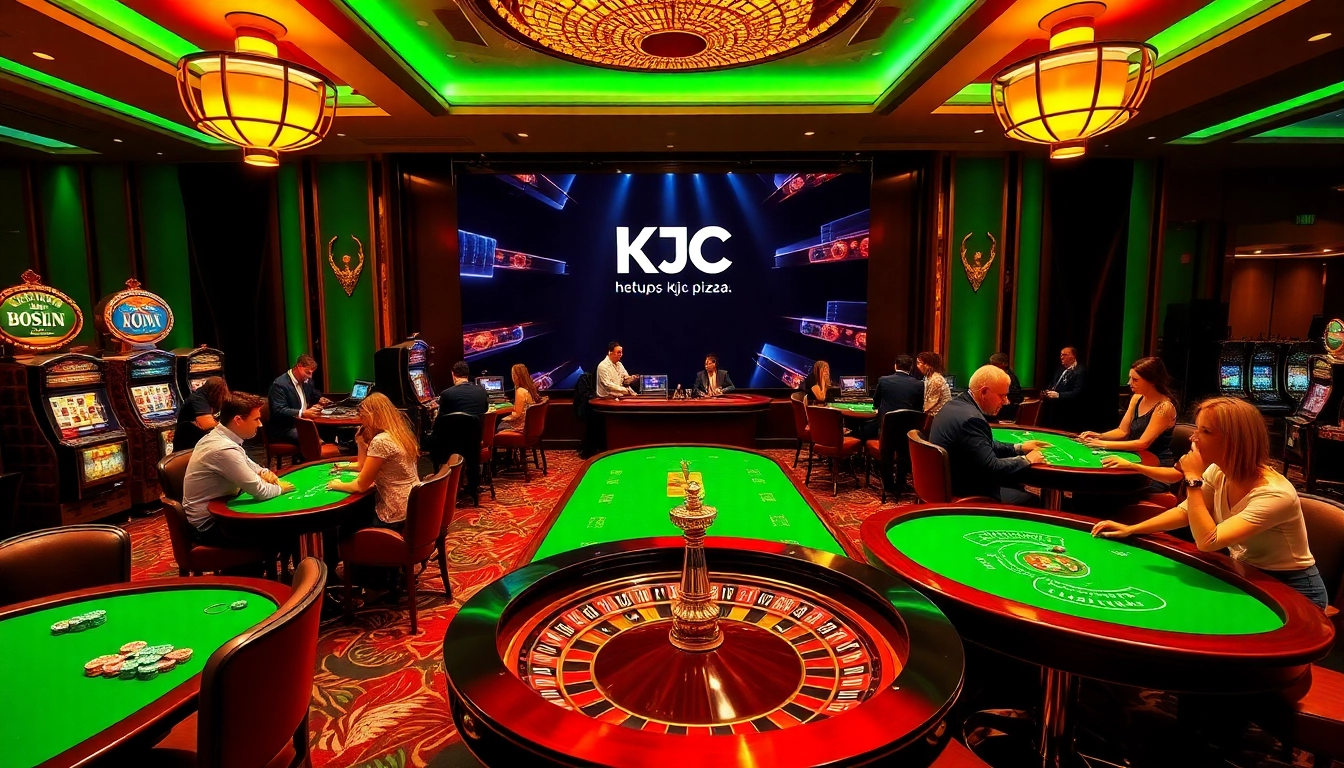 Engaging in thrilling gameplay at KJC's luxurious casino tables at https://kjc.pizza/ with vibrant slot machines and poker chips.
