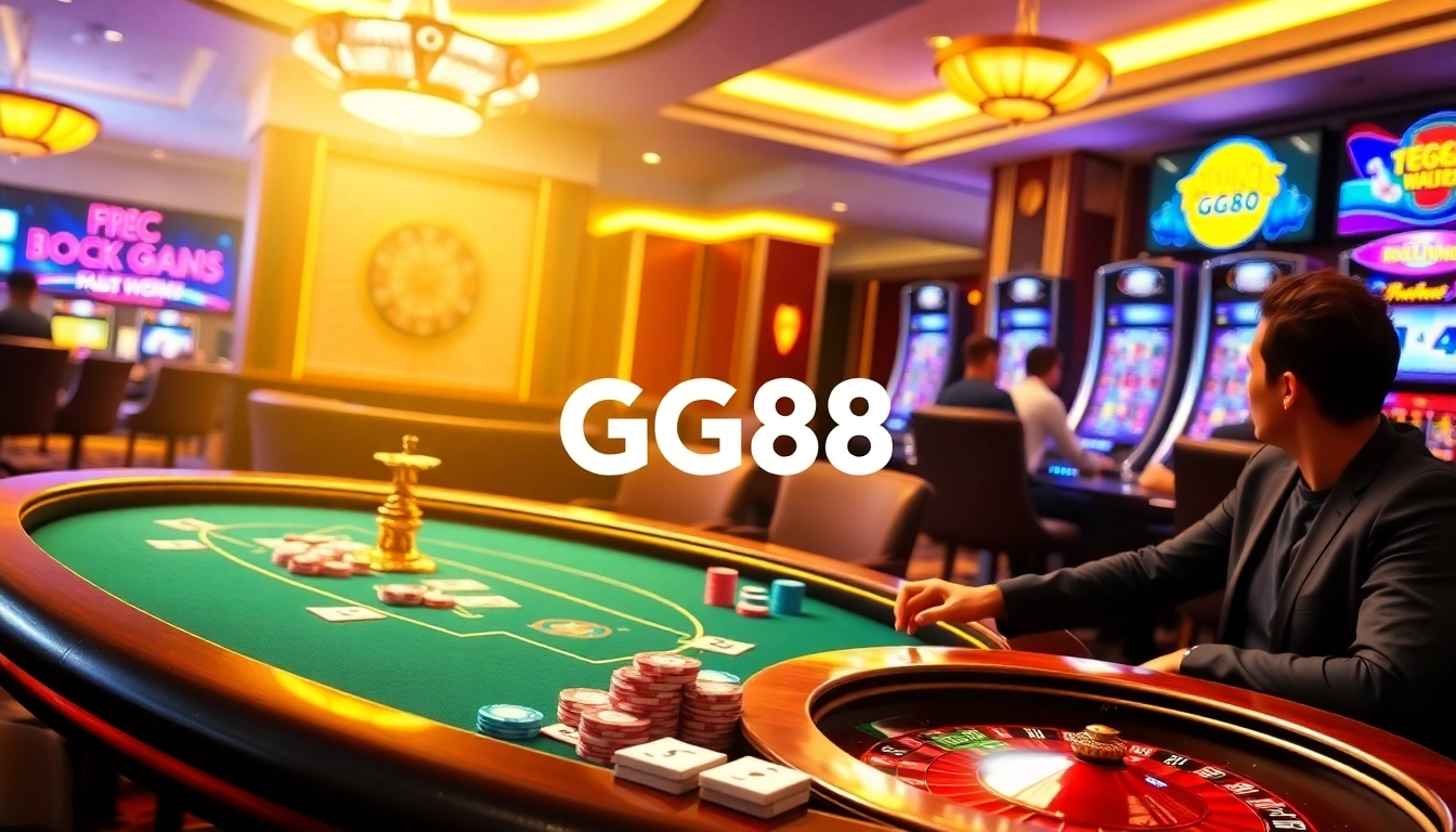 Experience the thrill of gaming with GG88 in a vibrant casino setting featuring poker chips and roulette.