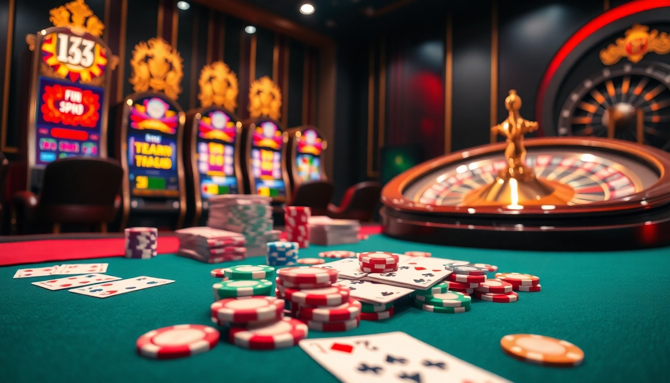 Experience thrilling gameplay at https://king88b.us.com/ with a vibrant poker table and spinning roulette wheel.