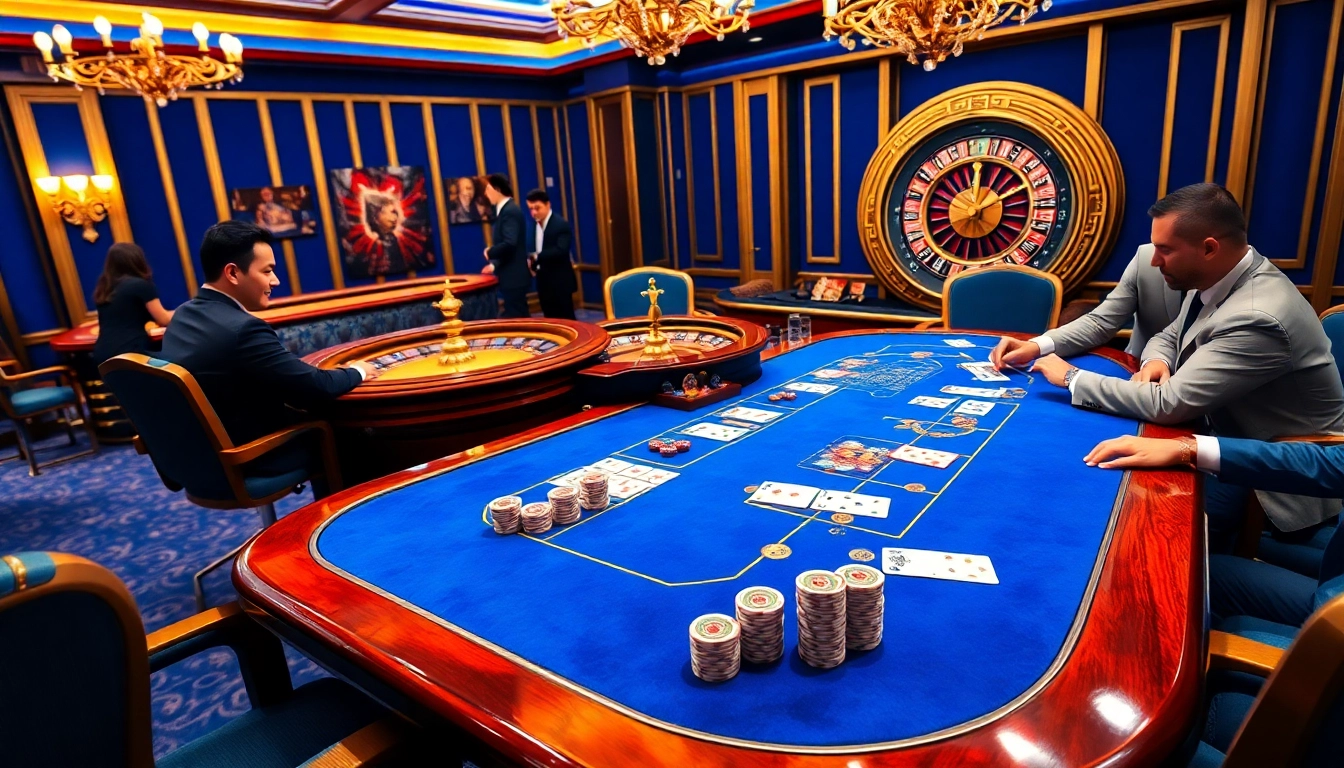 Gamblers enjoying high-stakes poker at ingatbola88's luxurious casino setting.