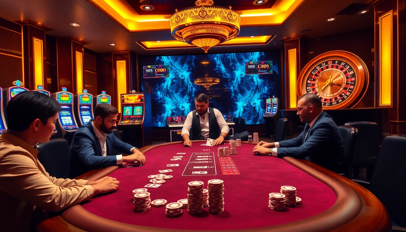 Intense poker action at max88 casino with colorful chips and engaging players.