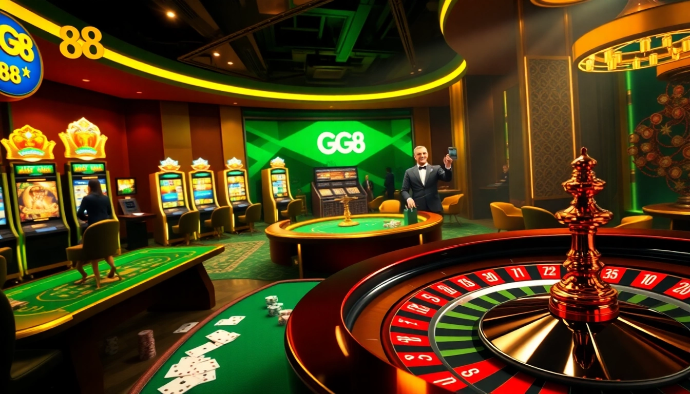 Exciting GG 88 online casino scene with vibrant slot machines and poker table.