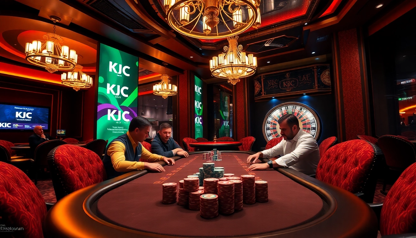 KJC branded poker scene showcasing excitement and luxury in gambling with professional players and vibrant atmosphere.