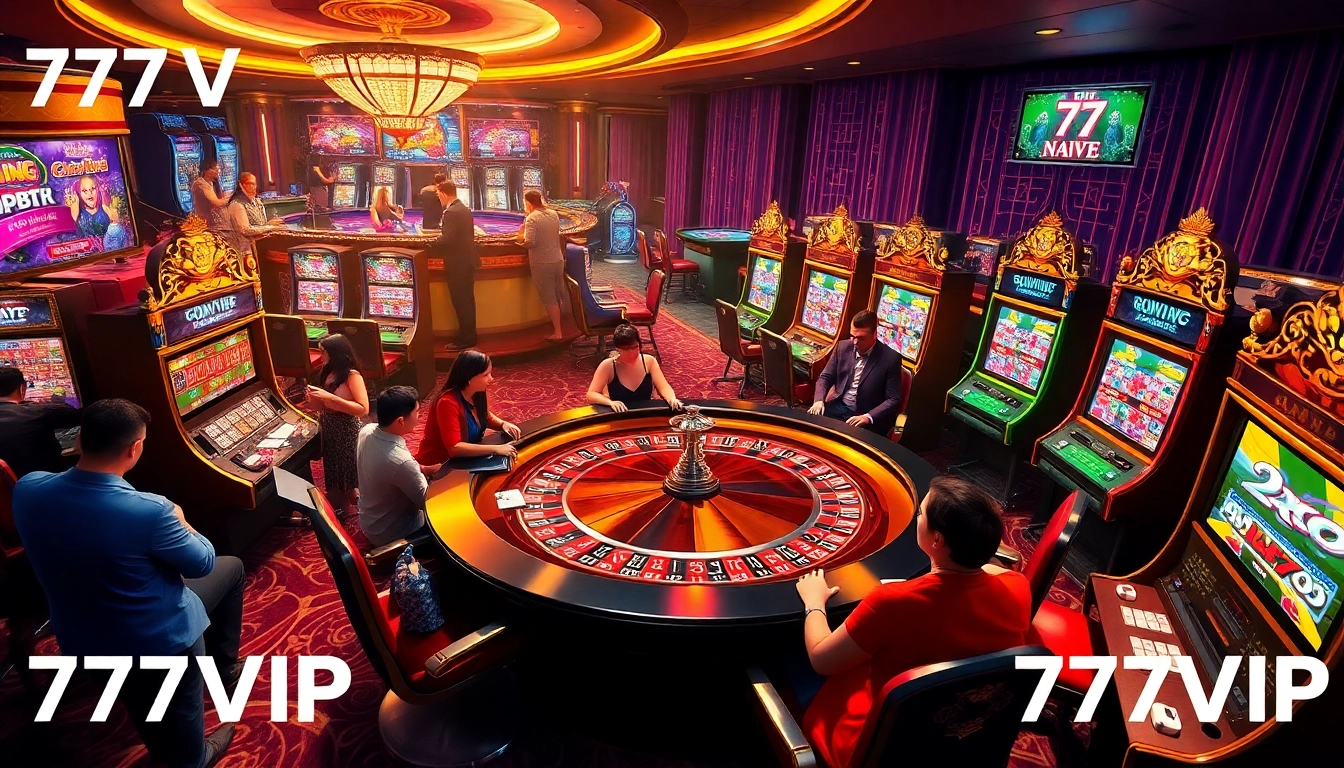 Engaging players at a luxurious 777VIP casino table with vibrant lights and colorful chips.
