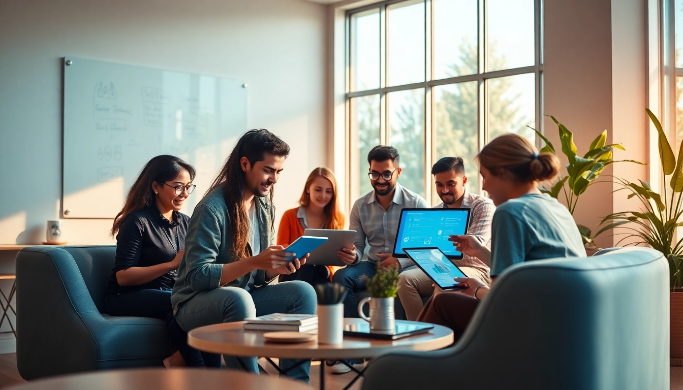 Engaging collaboration on bloglabs.wiki: diverse individuals sharing ideas via digital devices in a vibrant setting.