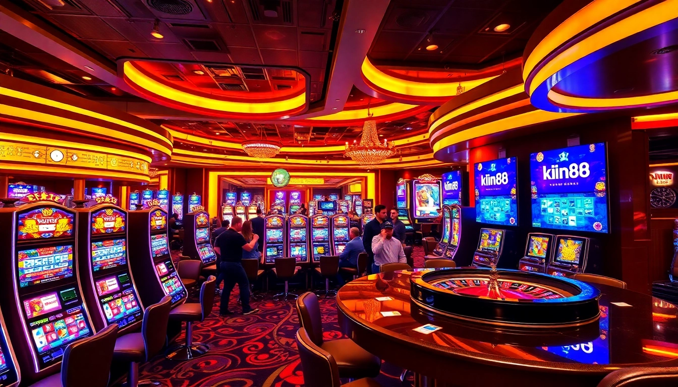 Players enjoying the excitement of slot machines and roulette with link xin88 visible on digital screens.