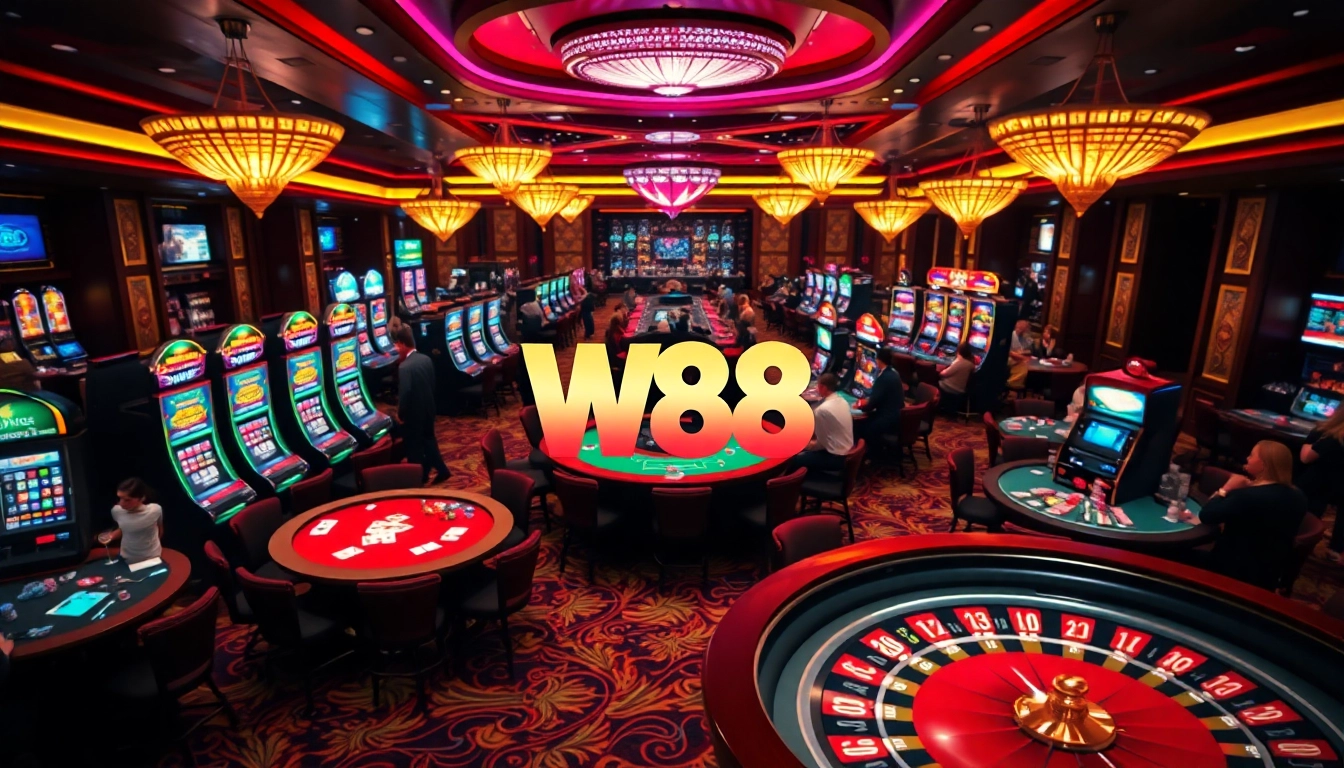 W88 casino scene with vibrant tables, elegant players, and a roulette wheel spinning.