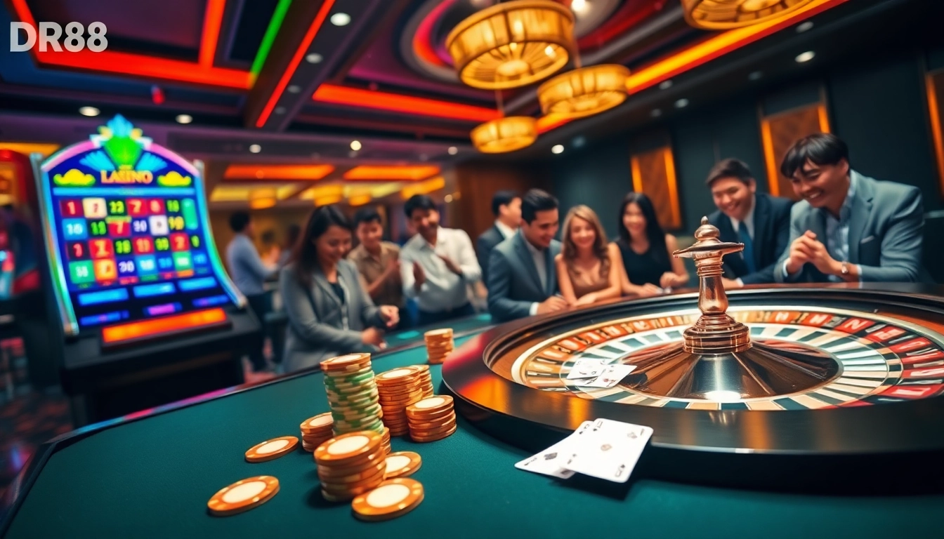 Experience the excitement of online gambling with DR88's dynamic casino environment featuring vibrant slot machines and successful players.