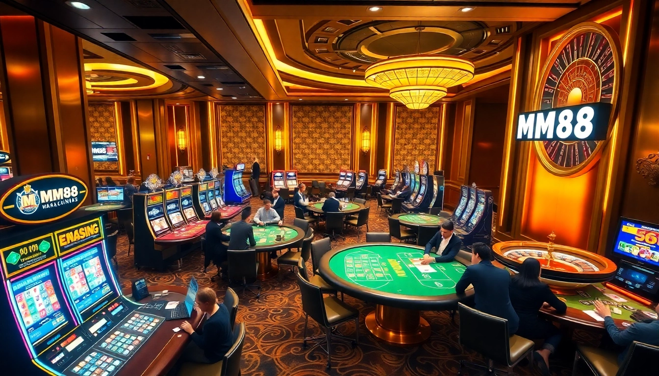 Experience the excitement of MM88 at a luxurious casino with dynamic gaming scenes.