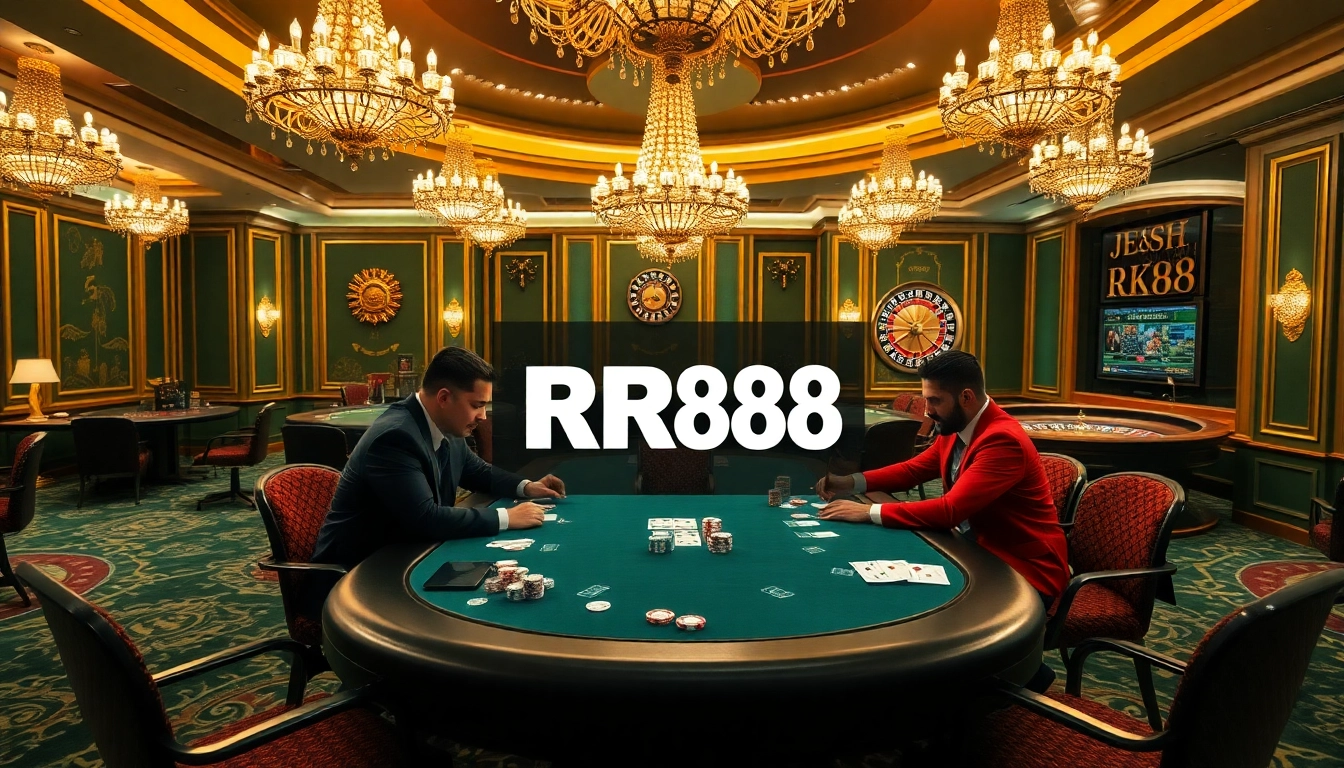 Players engage in an exciting poker game at RR88 casino, showcasing chips and cards.
