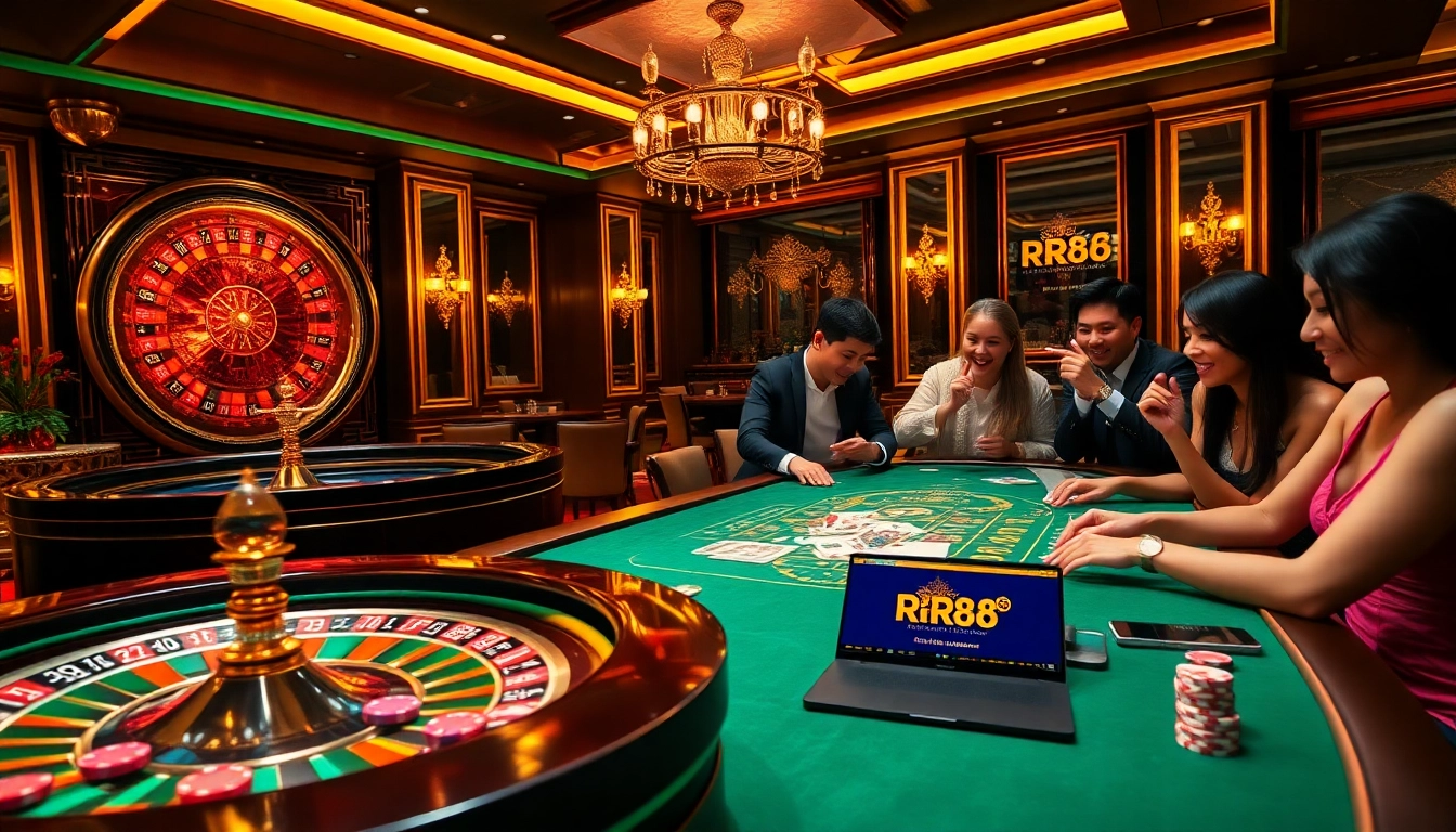 Engage in exciting gaming experiences at https://rr88.lat/ with vibrant casino elements and players enjoying their wins.