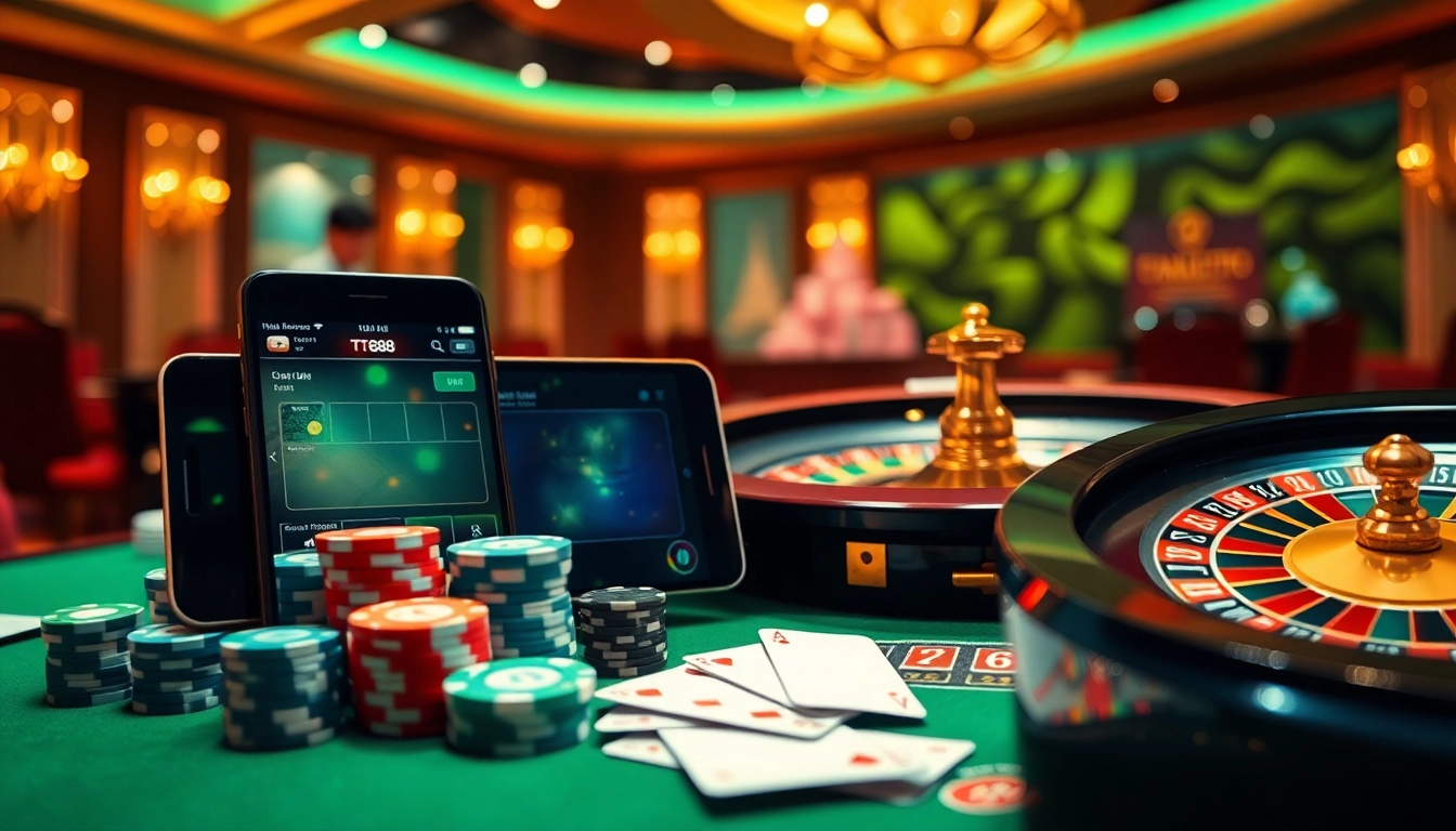 Experience the excitement of online gambling at https://tt88edu.com/ with a vibrant casino scene featuring poker chips and roulette wheels.