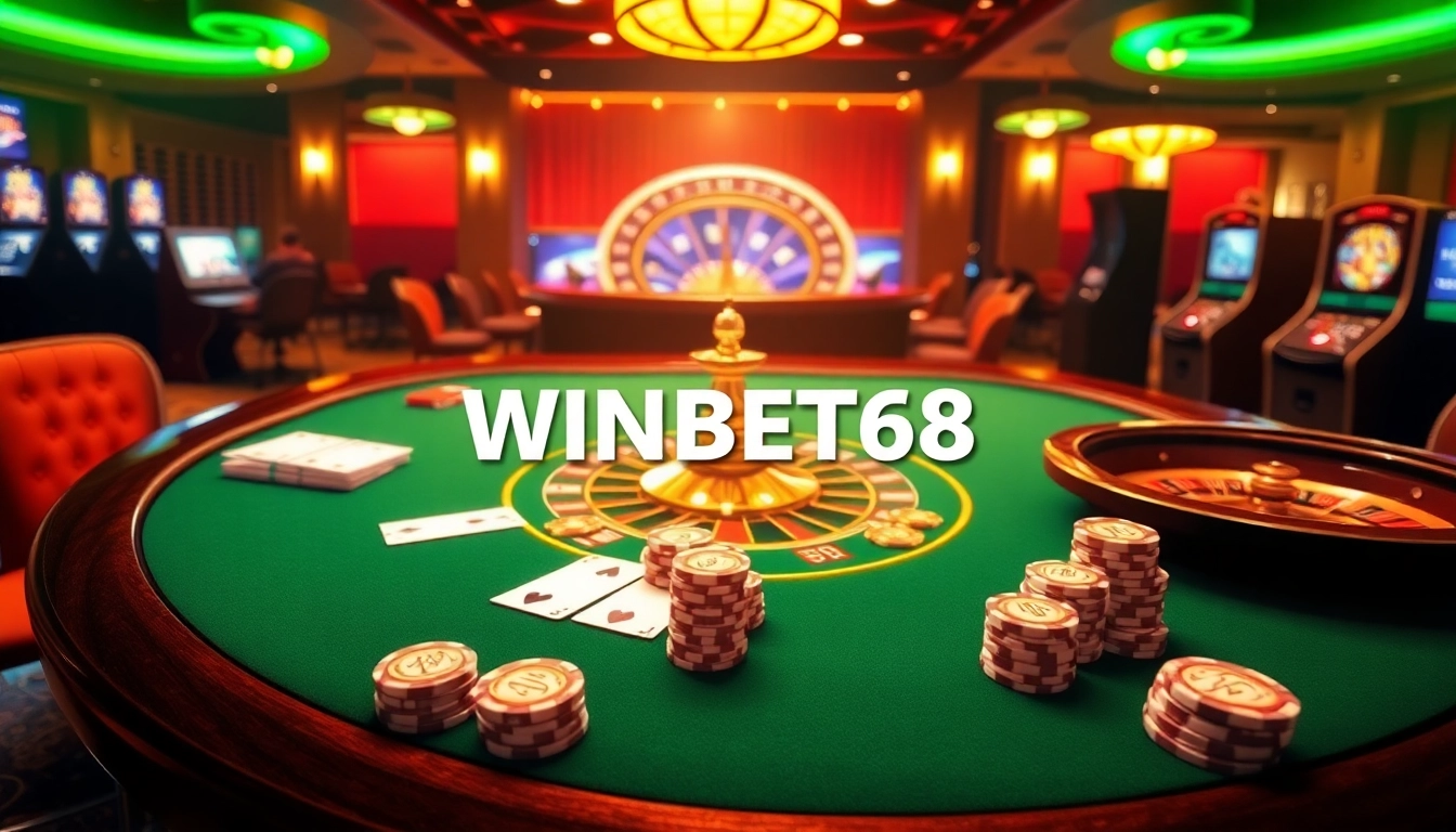 Experience the thrill of WINBET58 with an elegant casino scene featuring poker and roulette.