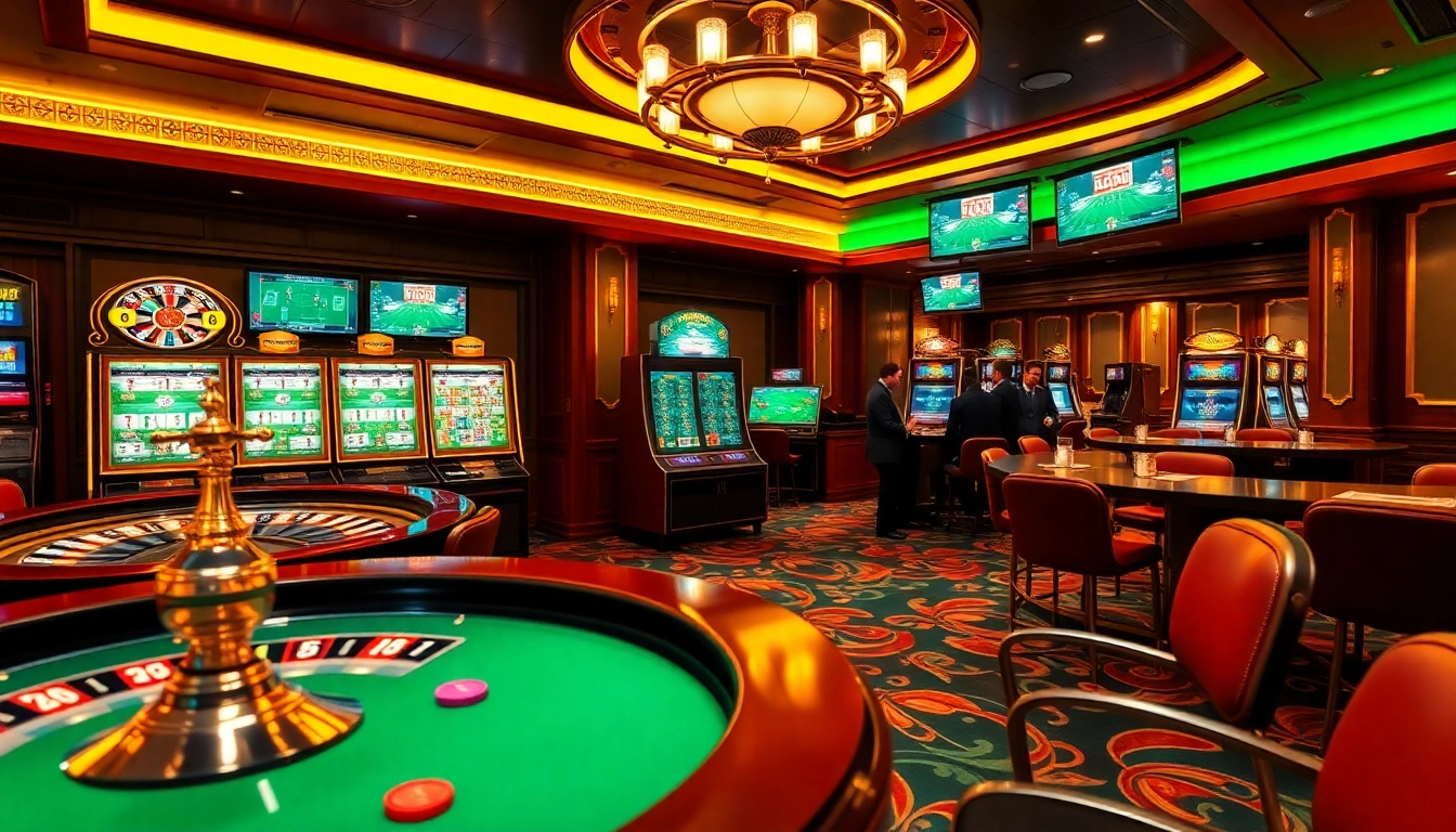 Bong da lu88 gaming excitement with roulette wheel, poker table, and vibrant slot machines.