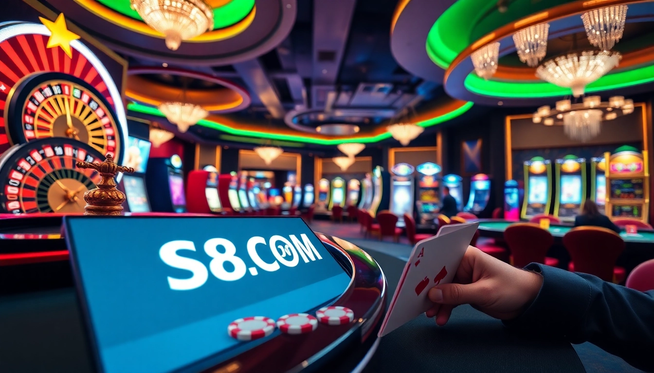 Thrilling gameplay action at S8.COM casino with poker chips and roulette wheel.