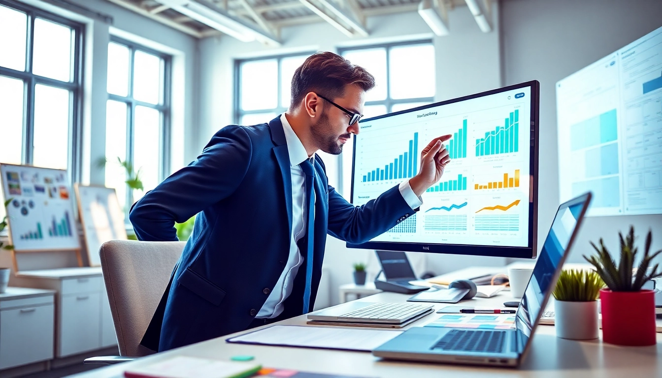 Enhancing marketing consultancy services with data analysis and strategy in a modern office setting.