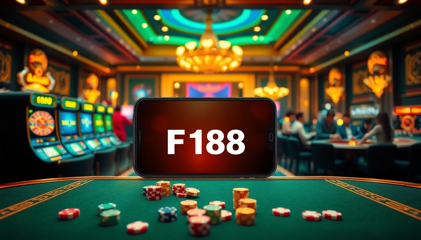 Players enjoying F168 games with a luxurious casino backdrop and vibrant gaming elements.
