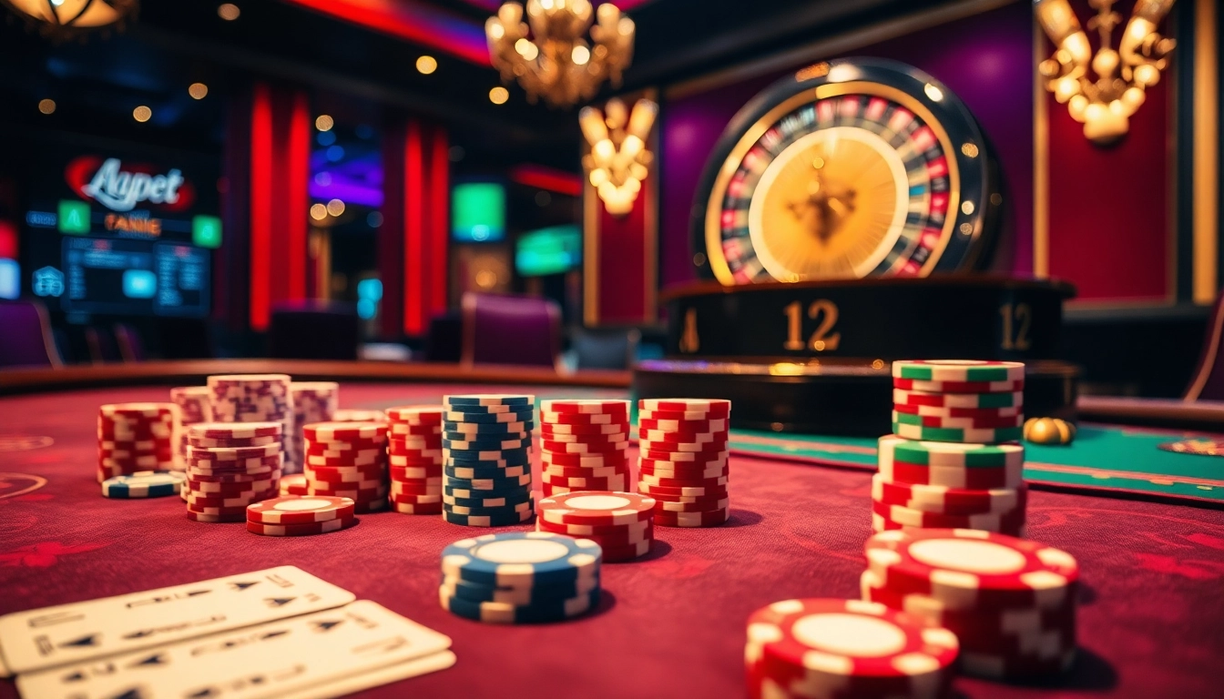 Experience the thrill of online gambling with DABET, featuring vibrant poker chips and roulette wheels.