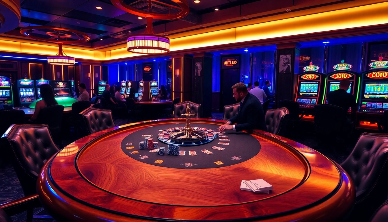 Experience intense gameplay at HITCLUB with vibrant poker tables and roulette wheels.