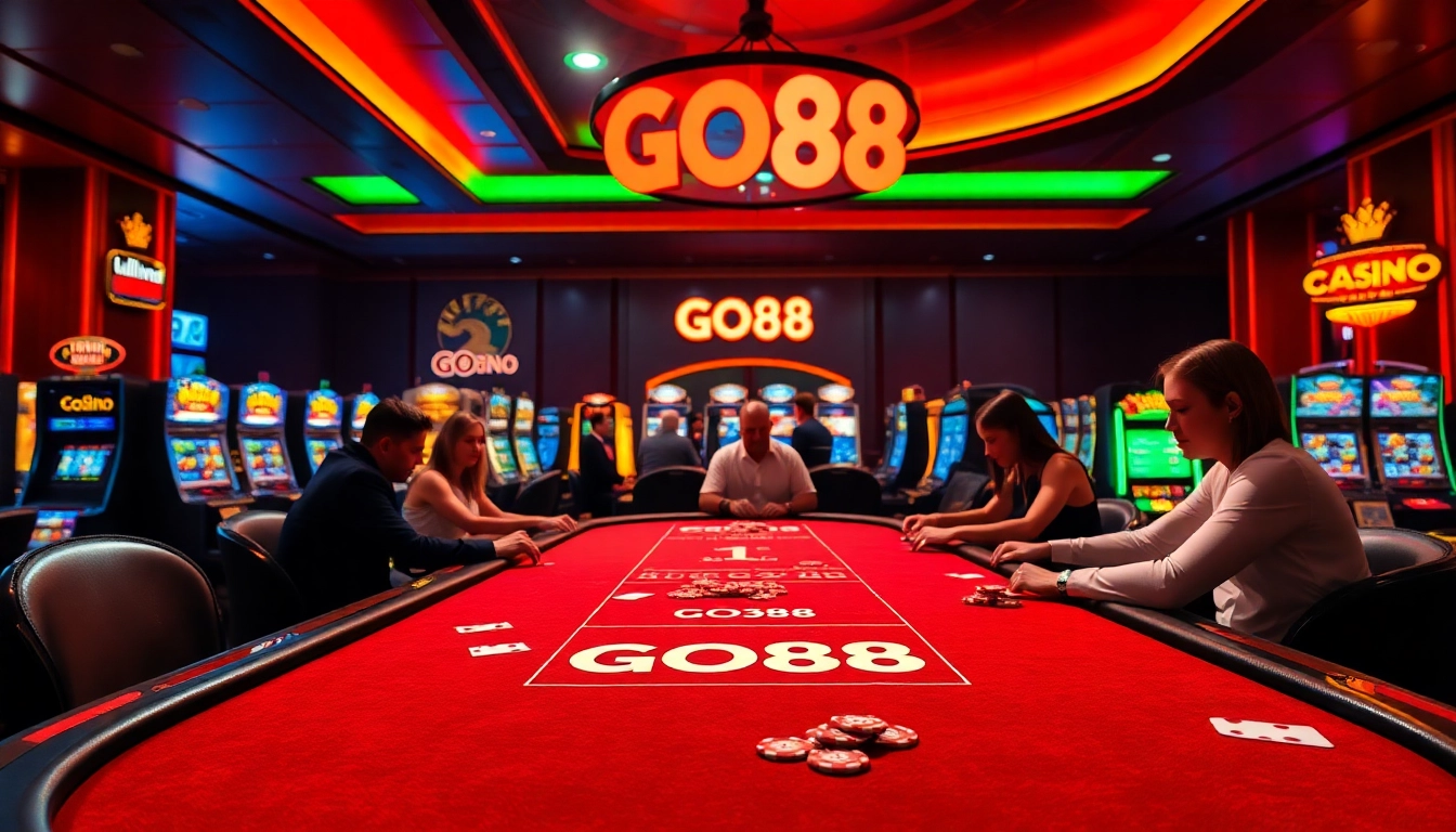 GO88 players enjoying an exciting game at a luxurious casino table with vibrant slot machines.