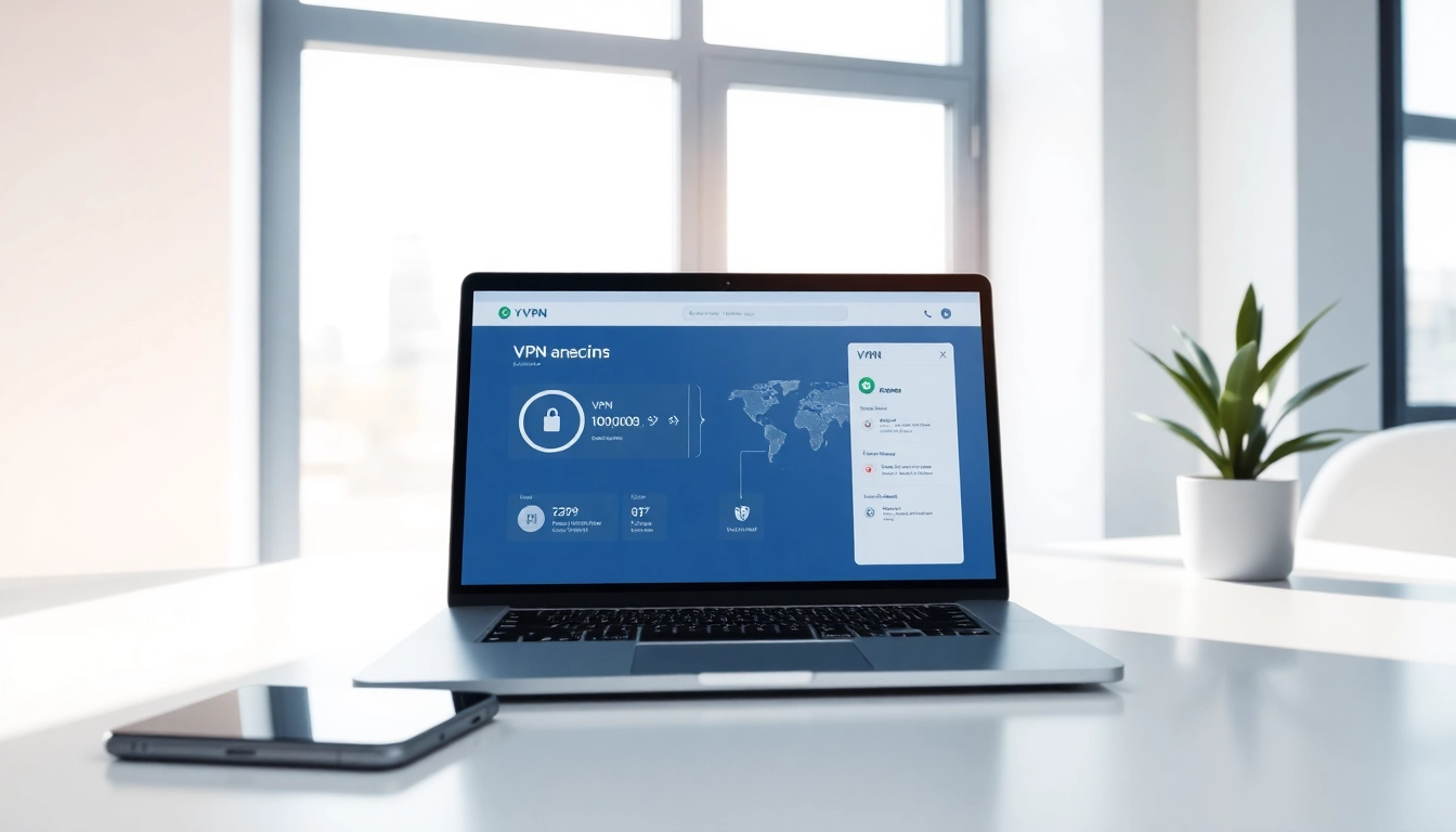 明亮工作区中的现代笔记本电脑上显示的快连VPN界面，体现全球连接与安全。