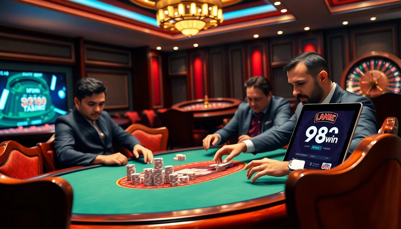 Players strategize at a luxurious poker table in a casino scene with link 98win integrated into an online interface.