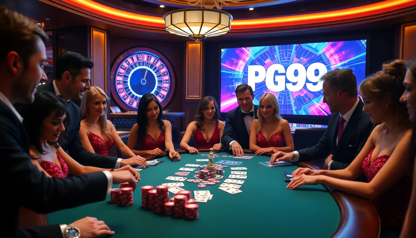 Engaged players at a luxurious poker table celebrating their PG99 Code wins.