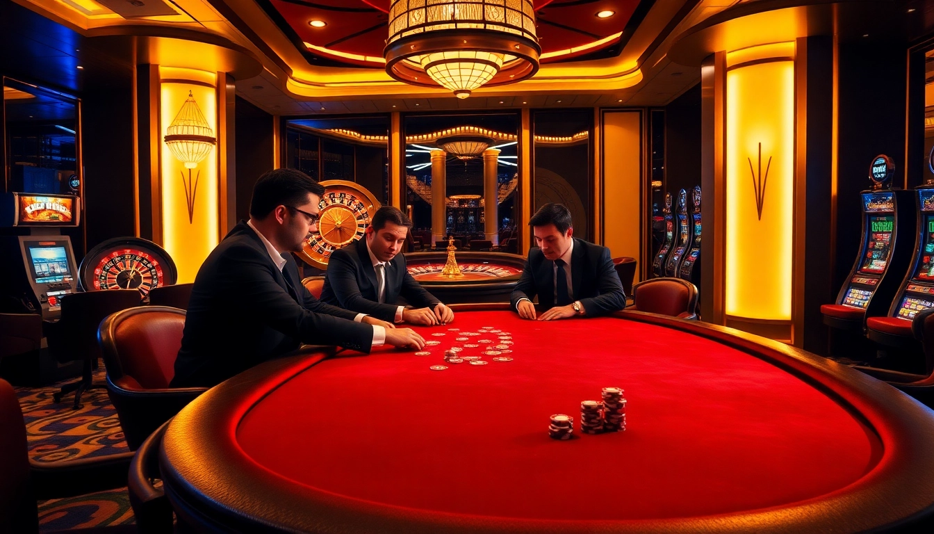Engaged players at a poker table in a vibrant casino scene from loto188.gb.net, showcasing luxury and excitement.